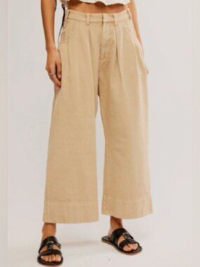 Free People Sweet Talk Chino Wide Leg Pant Tan Khaki Linen Cotton Size 6